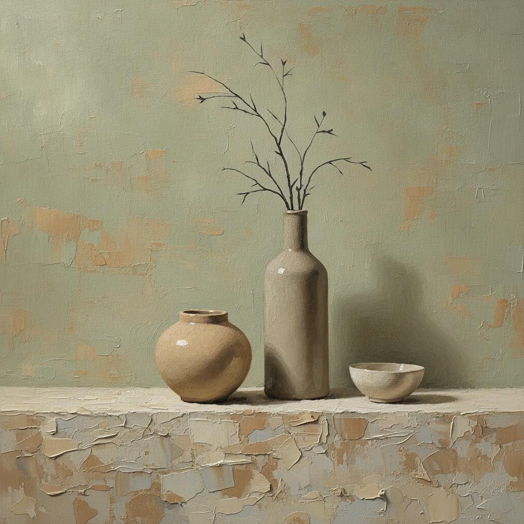 Sage And Ochre Vessels Upon A Weathered Ledge — Laurent Roche