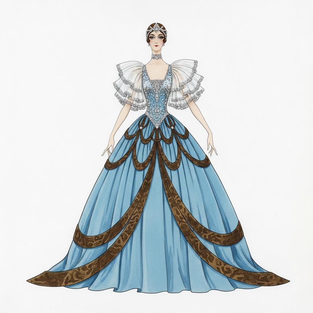 Sky Blue Gown With Bronze Trim And Sculptural Sleeves — Valentin Laurent De Courcey