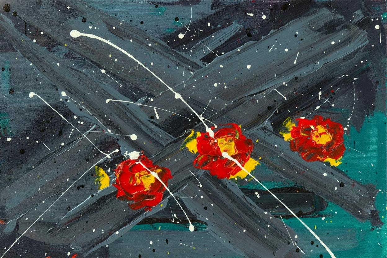 Kinetic Fragments Of Crimson And Charcoal In A Spontaneous Abstract Composition — Laurent Lefèvre