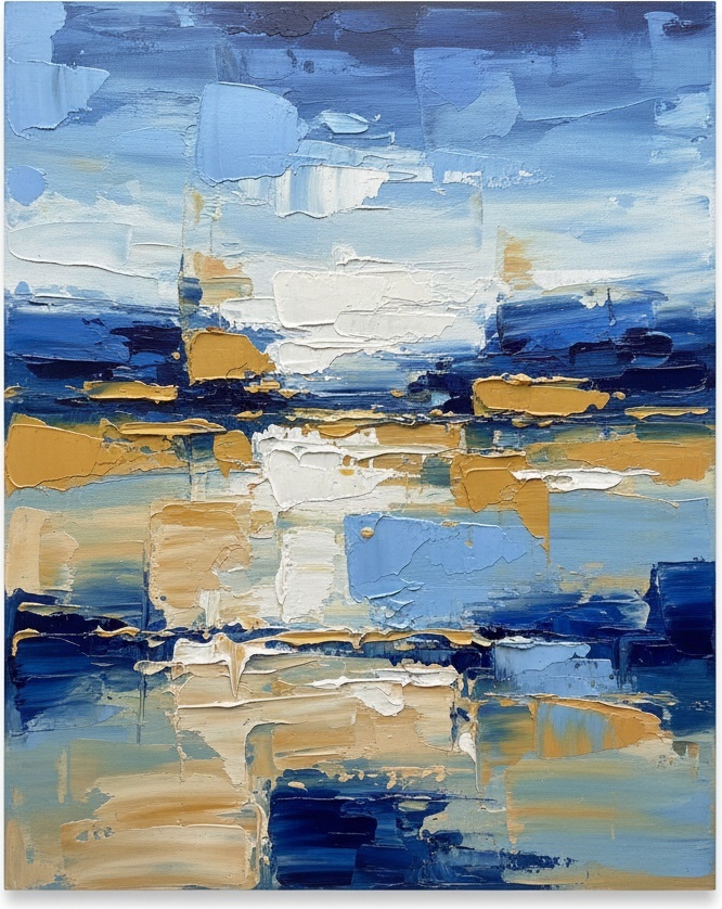 Fragmented Horizons In Cerulean And Ochre: A Singular Study Of Serene Topography — Laurent Fabre
