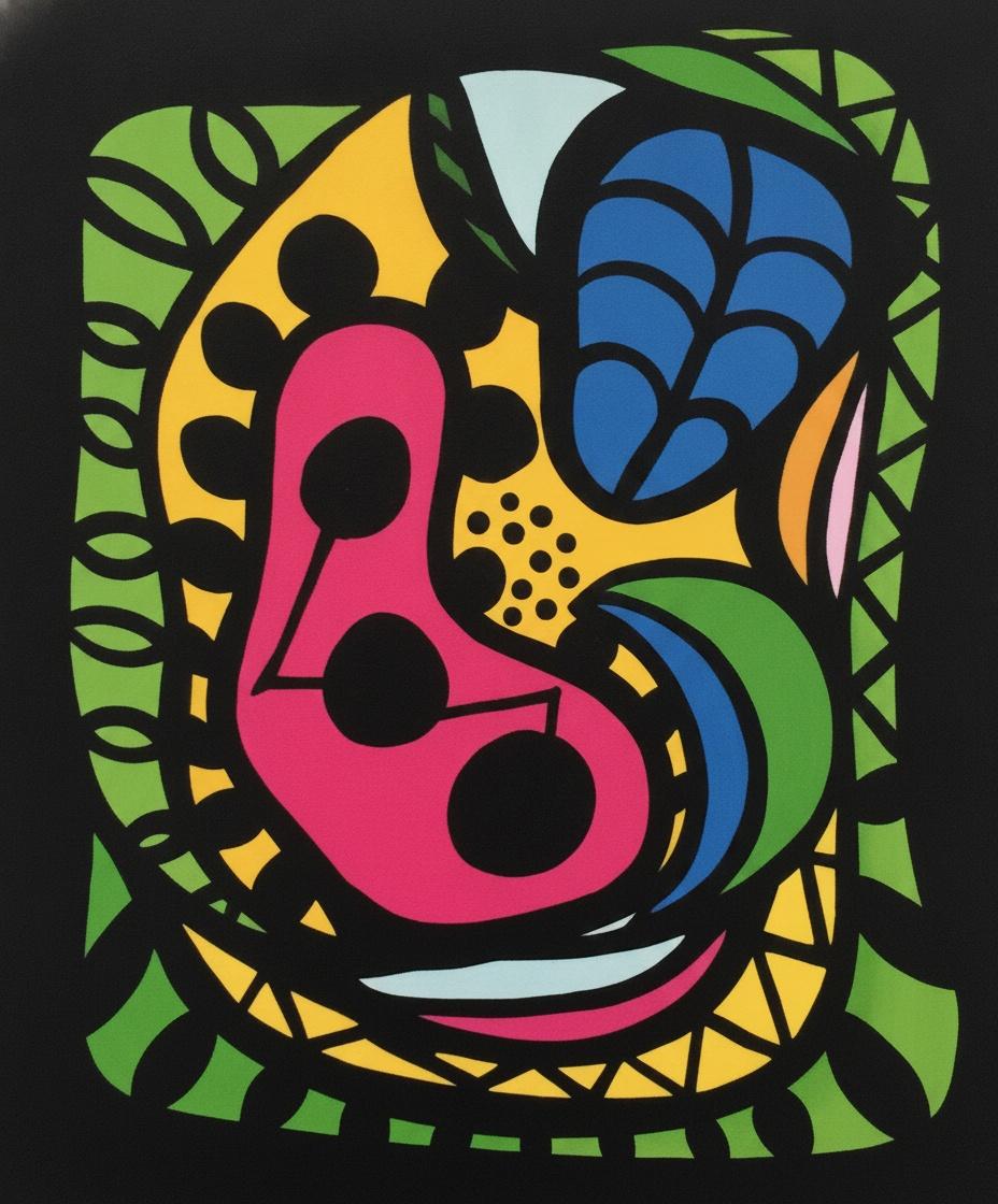 Vibrant Pink Amoebas And Cobalt Blue Foliage In Bold Outlines — Étienne Schmitt