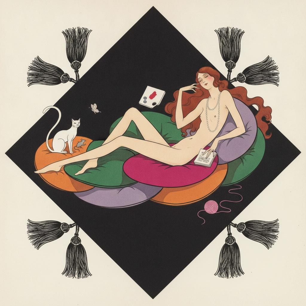 Reclining Figure Amidst Tasseled Diamonds And Vibrant Velvet Cushions — Valentin Laurent De Courcey