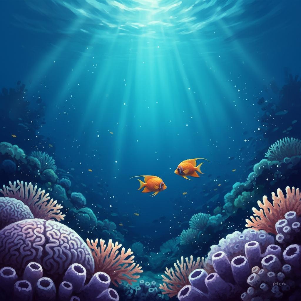 Radiant Descent Through Azure Depths With Gilded Sentinels Of The Coral Reef — Laurent Blanc