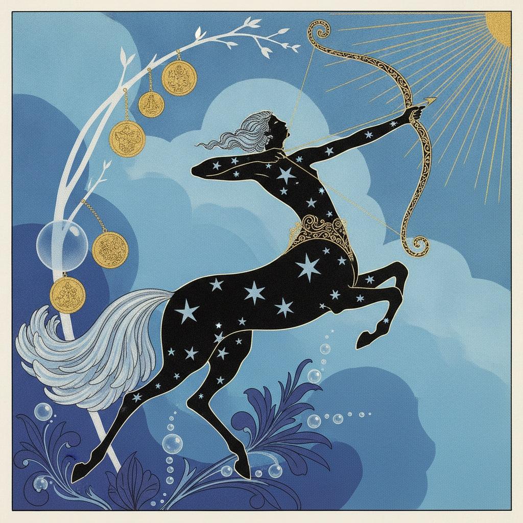 Golden Sunburst Over A Celestial Centaur Silhouette — Valentin Laurent De Courcey