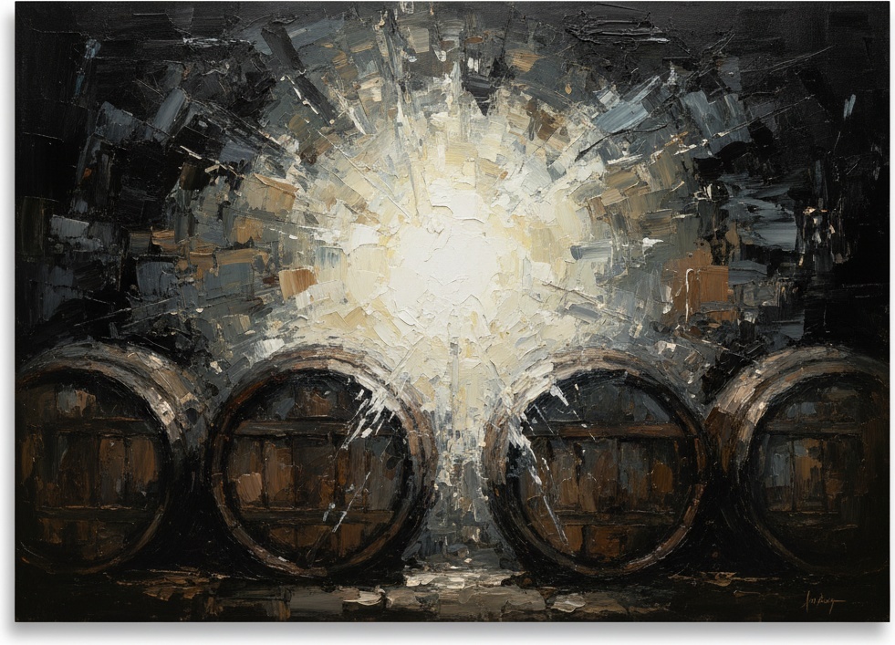 Radiant Burst Of Ochre Light Over Monumental Silhouetted Timber Vessels — Christian Noiret