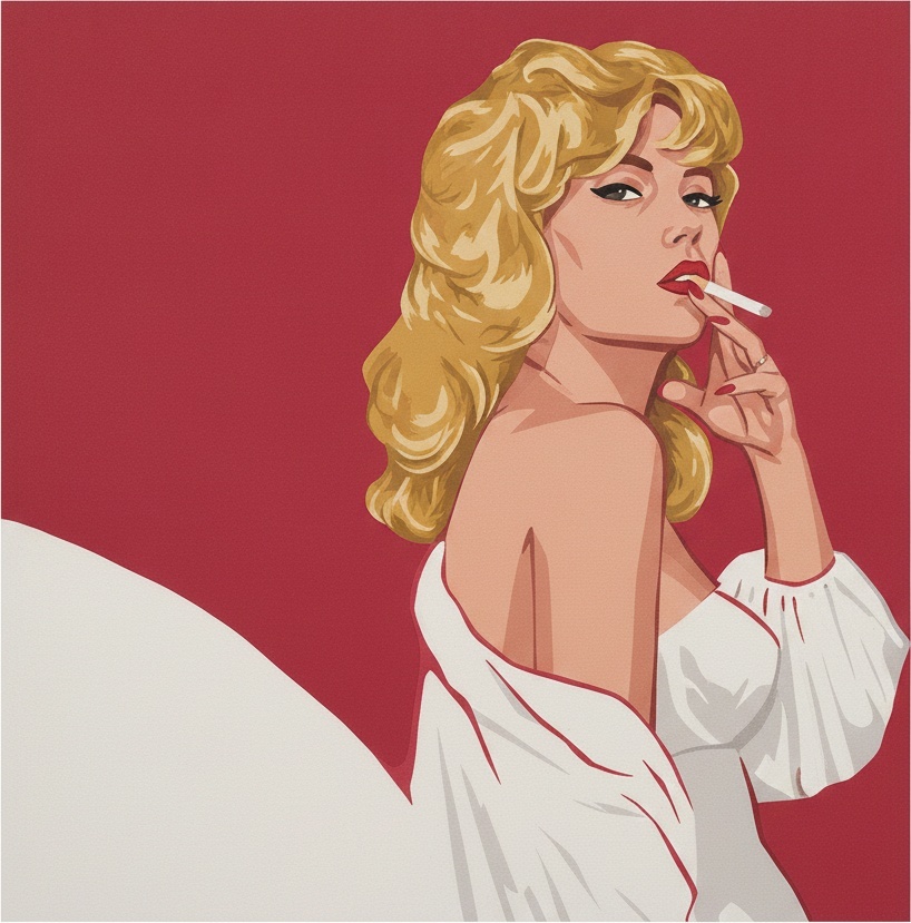 Crimson Backdrop And The Golden Gaze Of A Blonde Muse — Charles Delorme