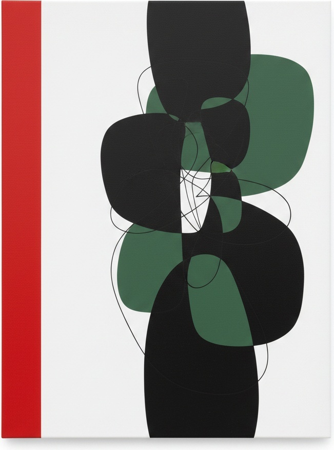Monolithic Crimson Edge Amidst Overlapping Shadows Of Verdant Organic Forms — Laurent Fabre