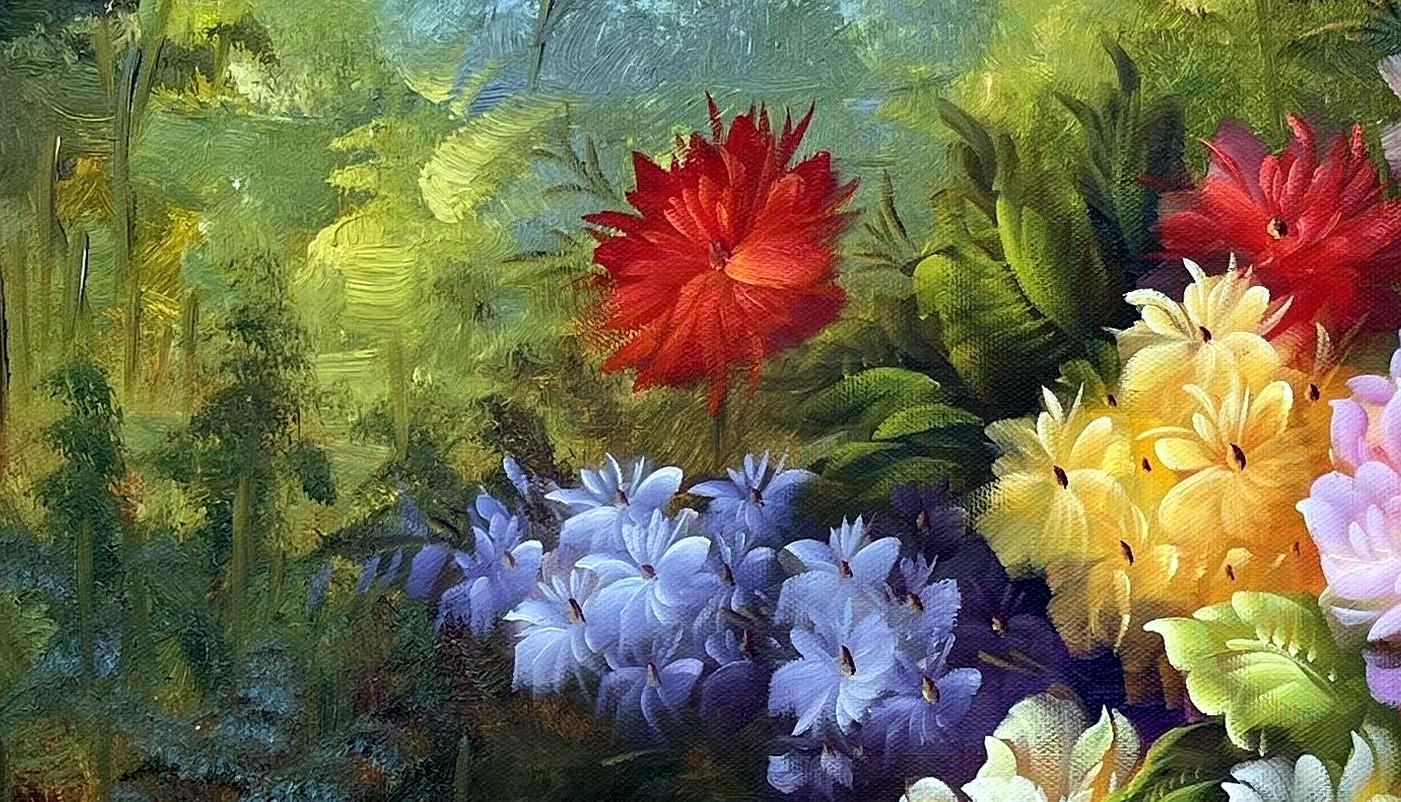 Impressionist Floral Bouquet on Stone Ledge - detail