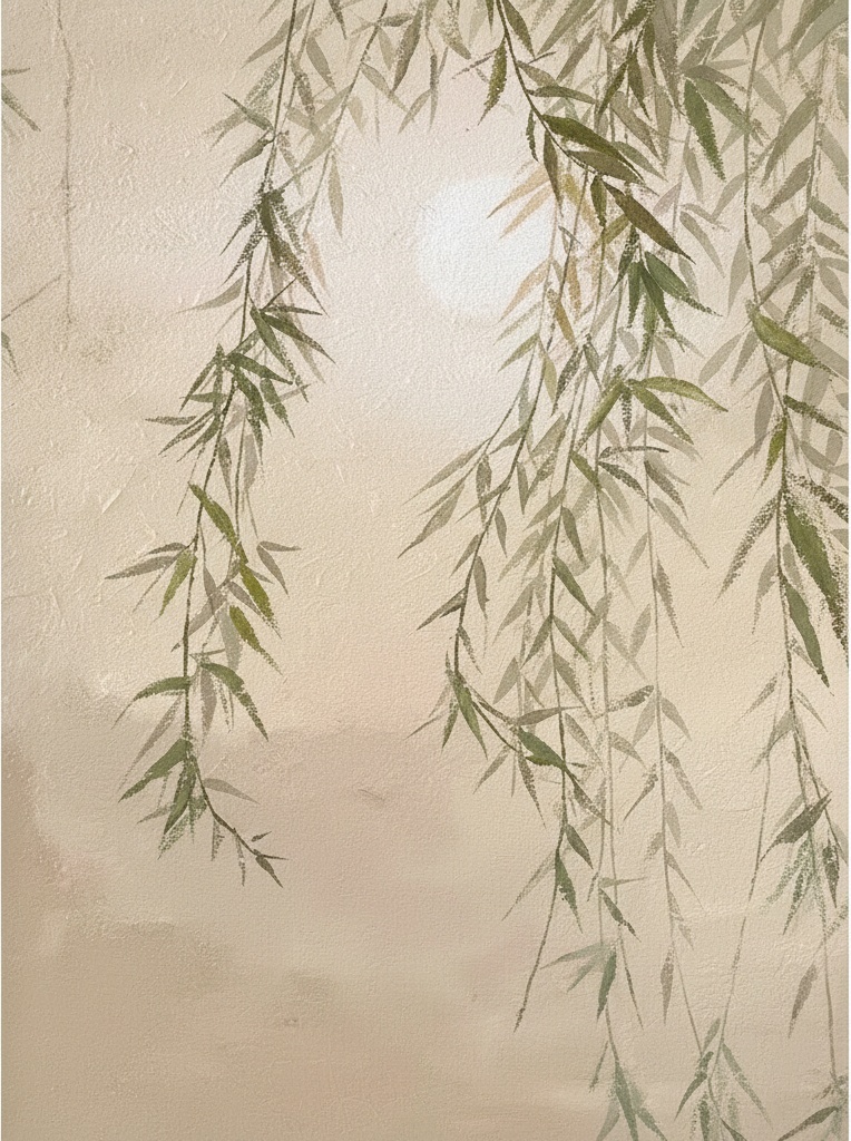 Whispering Willow Cascades Under The Ethereal Glow Of A Pale Lunar Orb — Laurent Roche