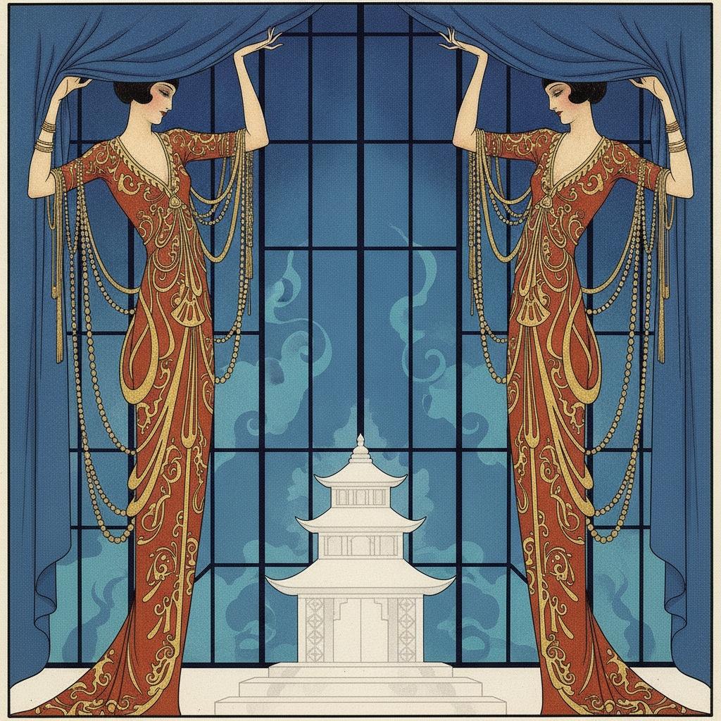 Terracotta Figures Framing A White Pagoda Amidst Cerulean Grids — Valentin Laurent De Courcey