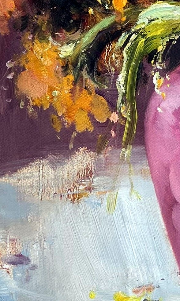 Impressionist Yellow Flowers in Magenta Vase - detail
