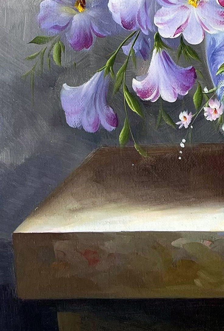 Lavender Blossoms in Blue Porcelain Vase - detail