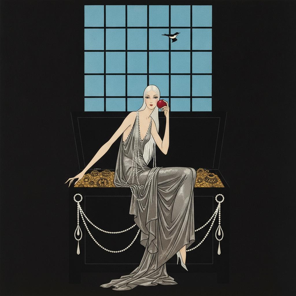 Crimson Fruit Amidst Blue Grid And Cascading Pearls — Valentin Laurent De Courcey