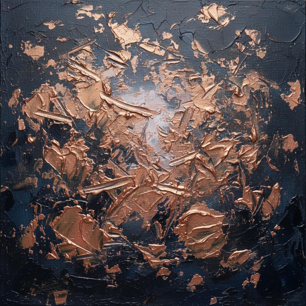 Radiant Fragmentation Of Molten Copper Amidst A Deep Obsidian Void — David Moreau