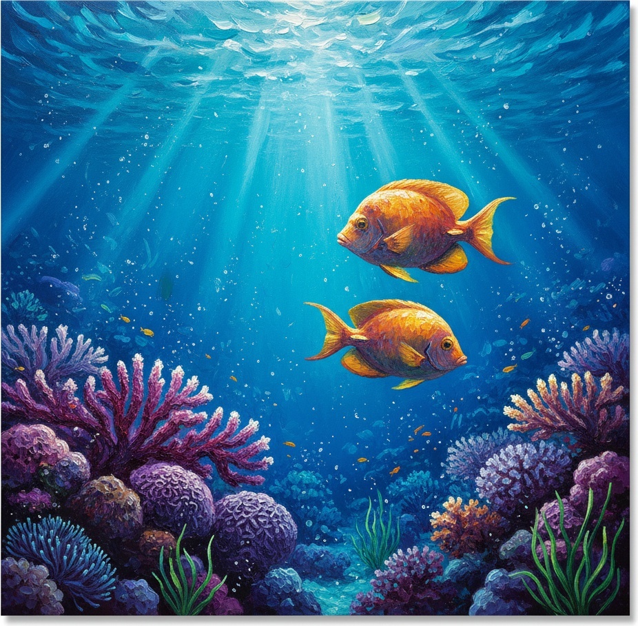 Ethereal Descent: Golden Currents Amidst The Radiant Magenta Coral Reef — Laurent Blanc