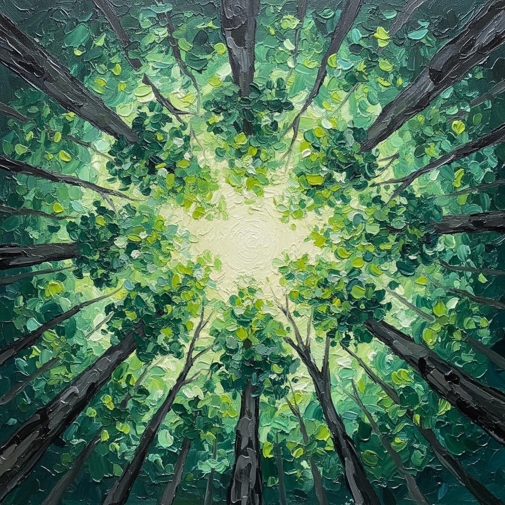 Radiant Canopy Convergence: A Meditative Study Of Verdant Light And Impasto Texture — Laurent Fontaine