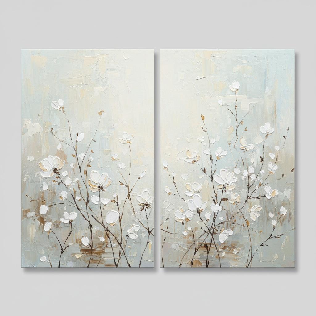 Ethereal Whispers Of Winter Bloom In A Serene Textured Diptych Masterpiece — Laurent Roche