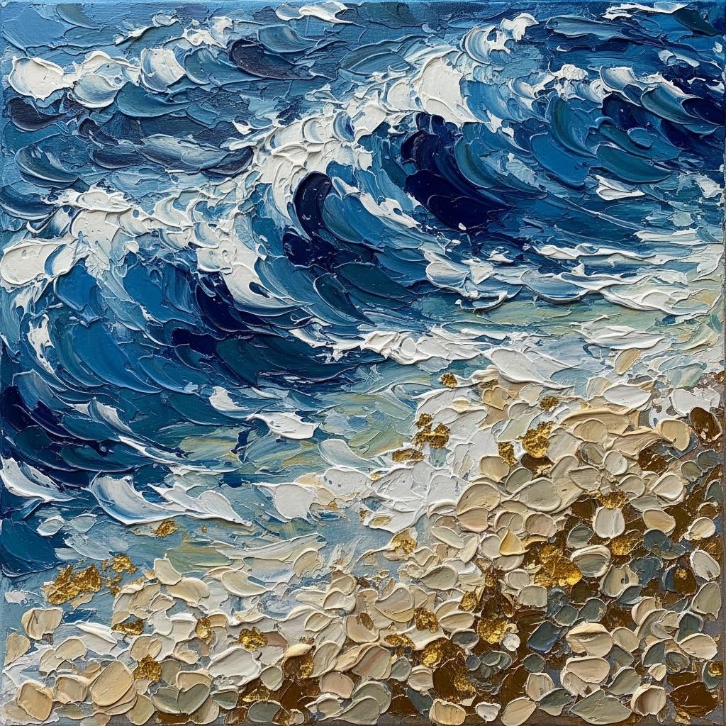 Turbulent Azure Tides: A Monumental Impasto Study Of Oceanic Energy And Gold — David Moreau