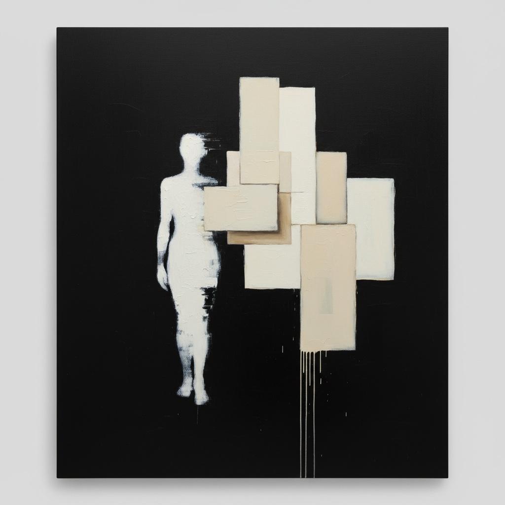 Ethereal Dissolution: An Alabaster Silhouette Amidst Structured Shadows And Primordial Sand — Laurent Fabre