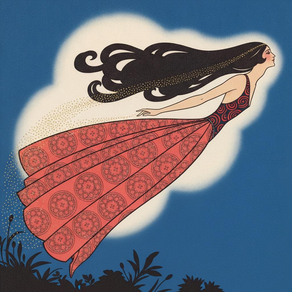 Ascending Figure In Terracotta And Gold Amidst Navy Clouds — Valentin Laurent De Courcey