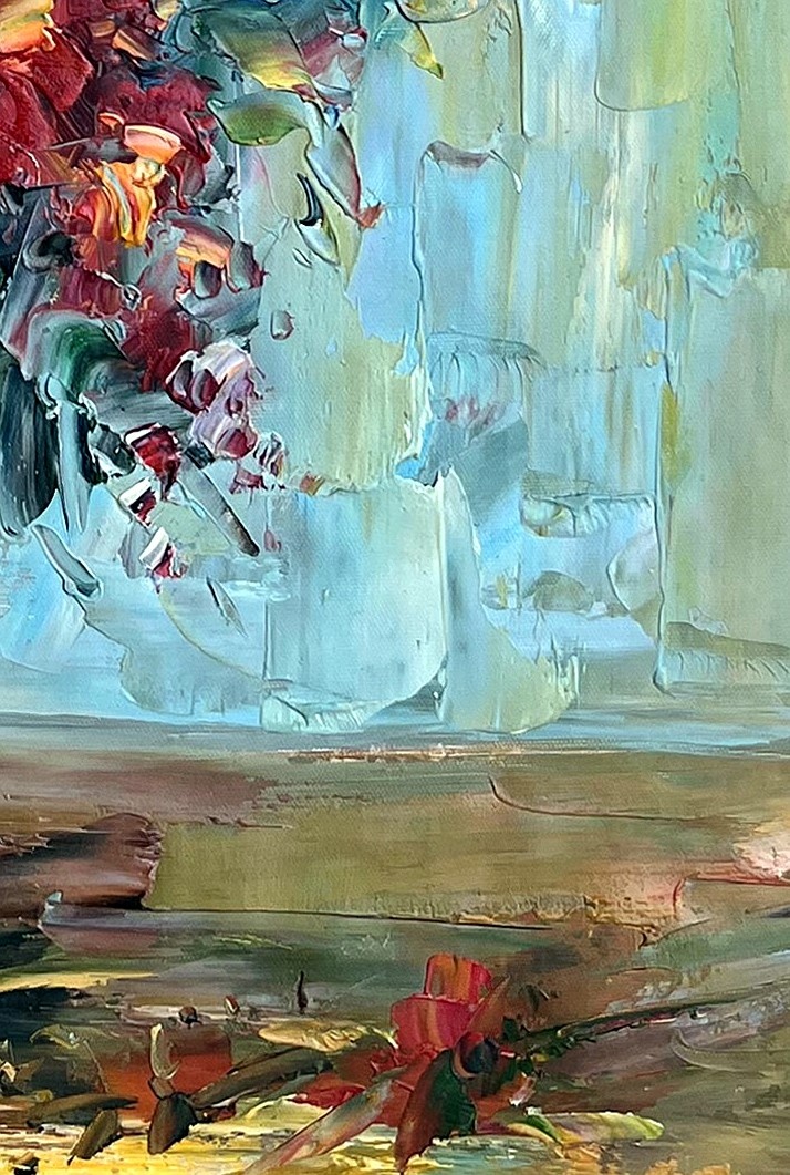 Impressionist Floral Bouquet in Cobalt Blue Vase - detail