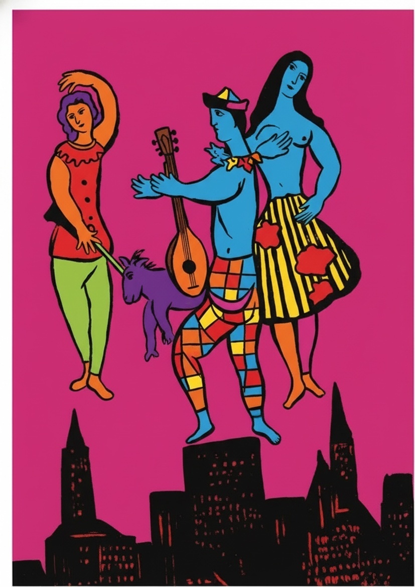 Magenta Nocturne: A Surreal Symphony Of Floating Figures Above The Urban Skyline — Caroline Pelletier