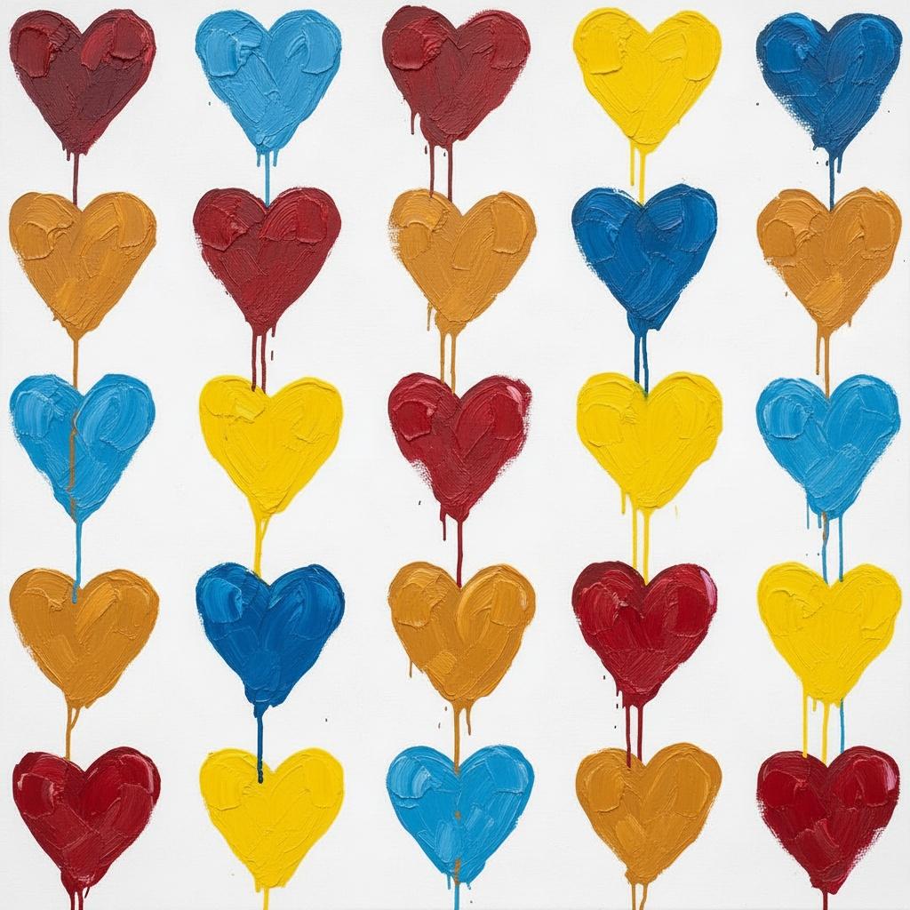 Rhythmic Pulse Of Crimson And Gold: A Singular Impasto Grid Of Eternal Affection — Julien Vasseur
