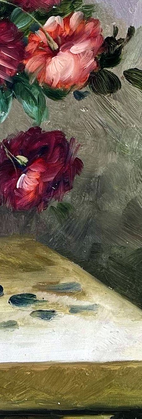 Impressionist Rose Bouquet in Blue Vase - detail