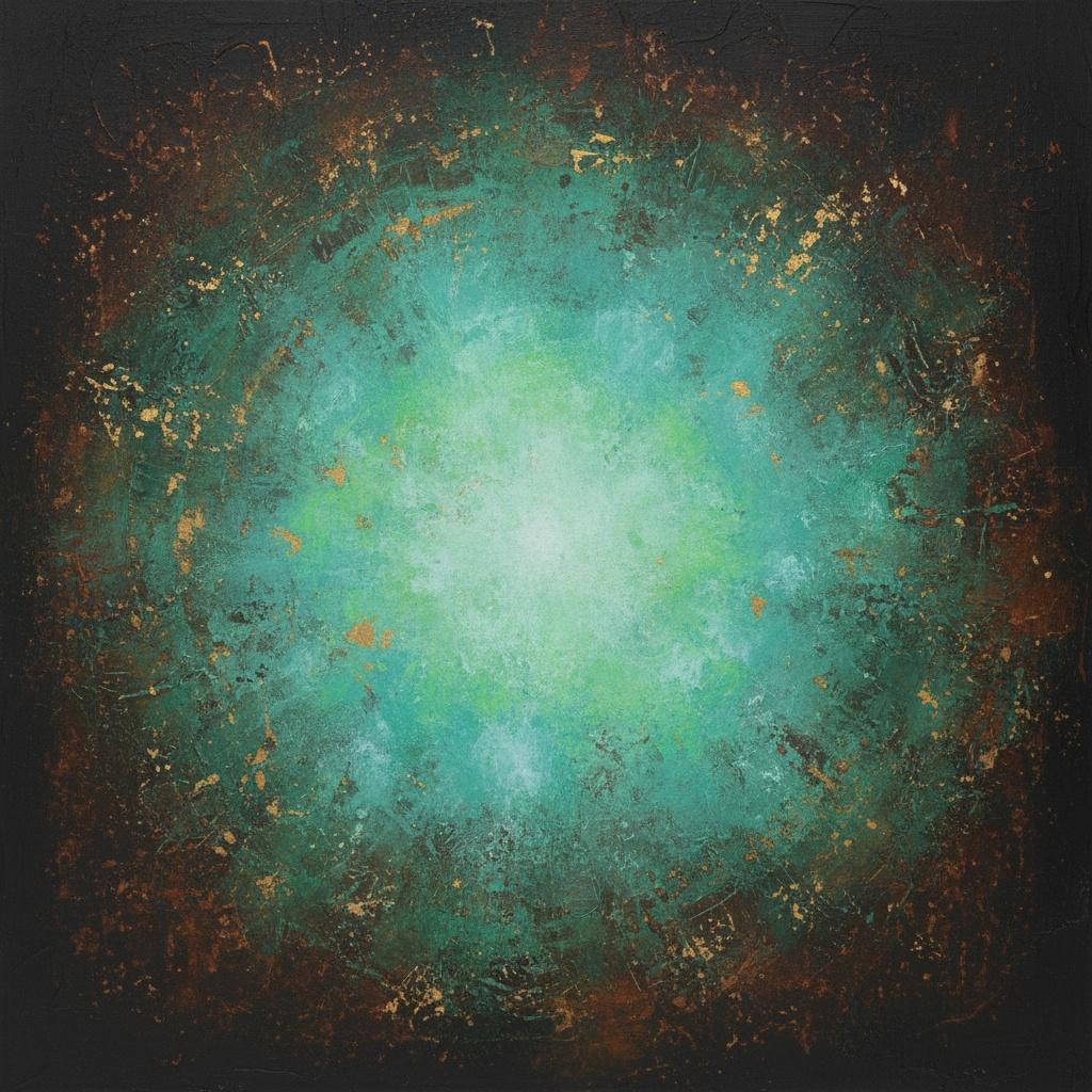 Fragmented Radiance Of A Primordial Core Amidst Distressed Teal And Golden Shadows — David Moreau