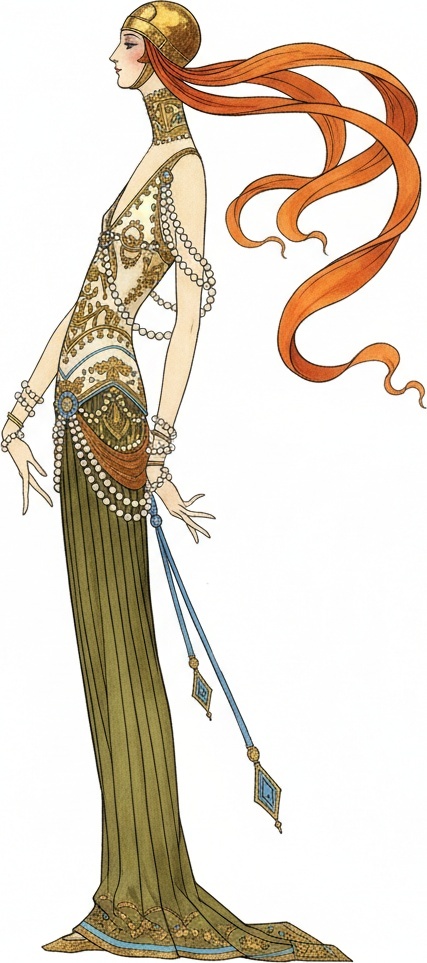 Golden Profile Amidst Cascading Amber And Azure Filigree — Valentin Laurent De Courcey