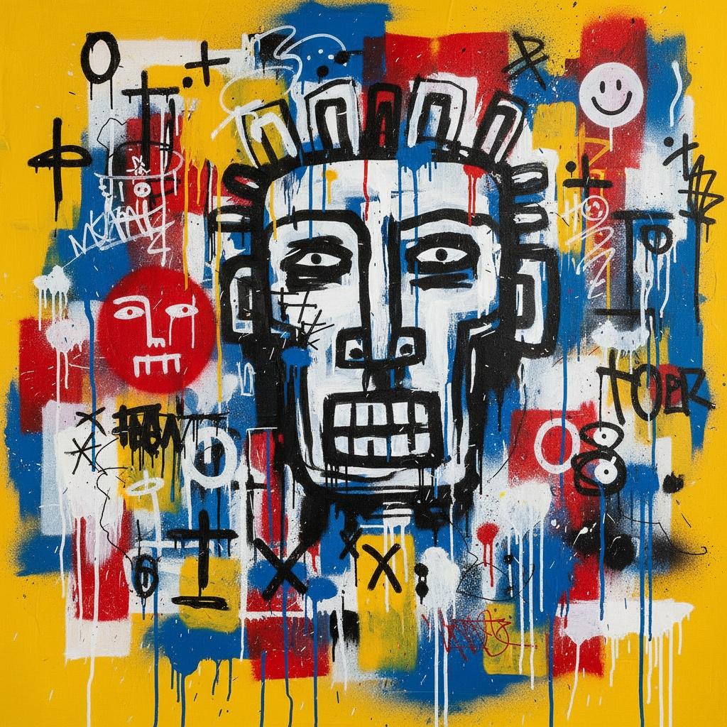 Fragmented Monolith: A Primordial Mask Amidst Vibrant Urban Chaos And Kinetic Drips — Laurent Girard
