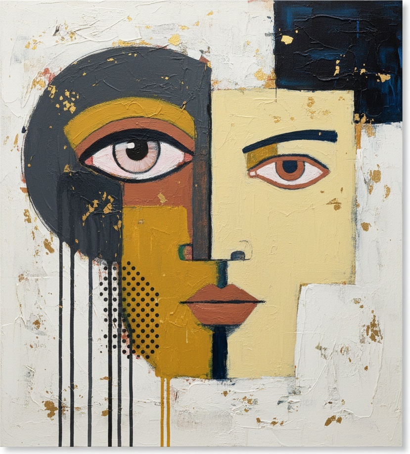 Fragmented Soul In Ochre And Gold: A Monumental Study Of Melancholic Duality — Laurent Fabre
