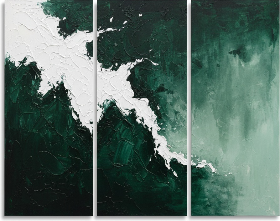 Fractured Emerald Crest: A Monumental Triptych Of Spontaneous White Impasto Motion — David Moreau