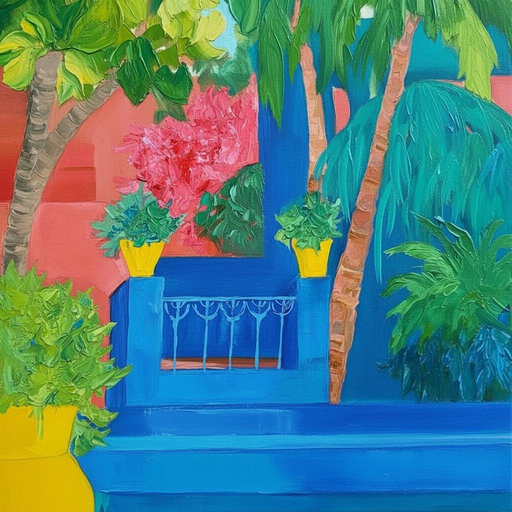 Azure Tropics: An Expressive Impasto Study Of Vibrant Flora And Architectural Light — Laurent Cartier