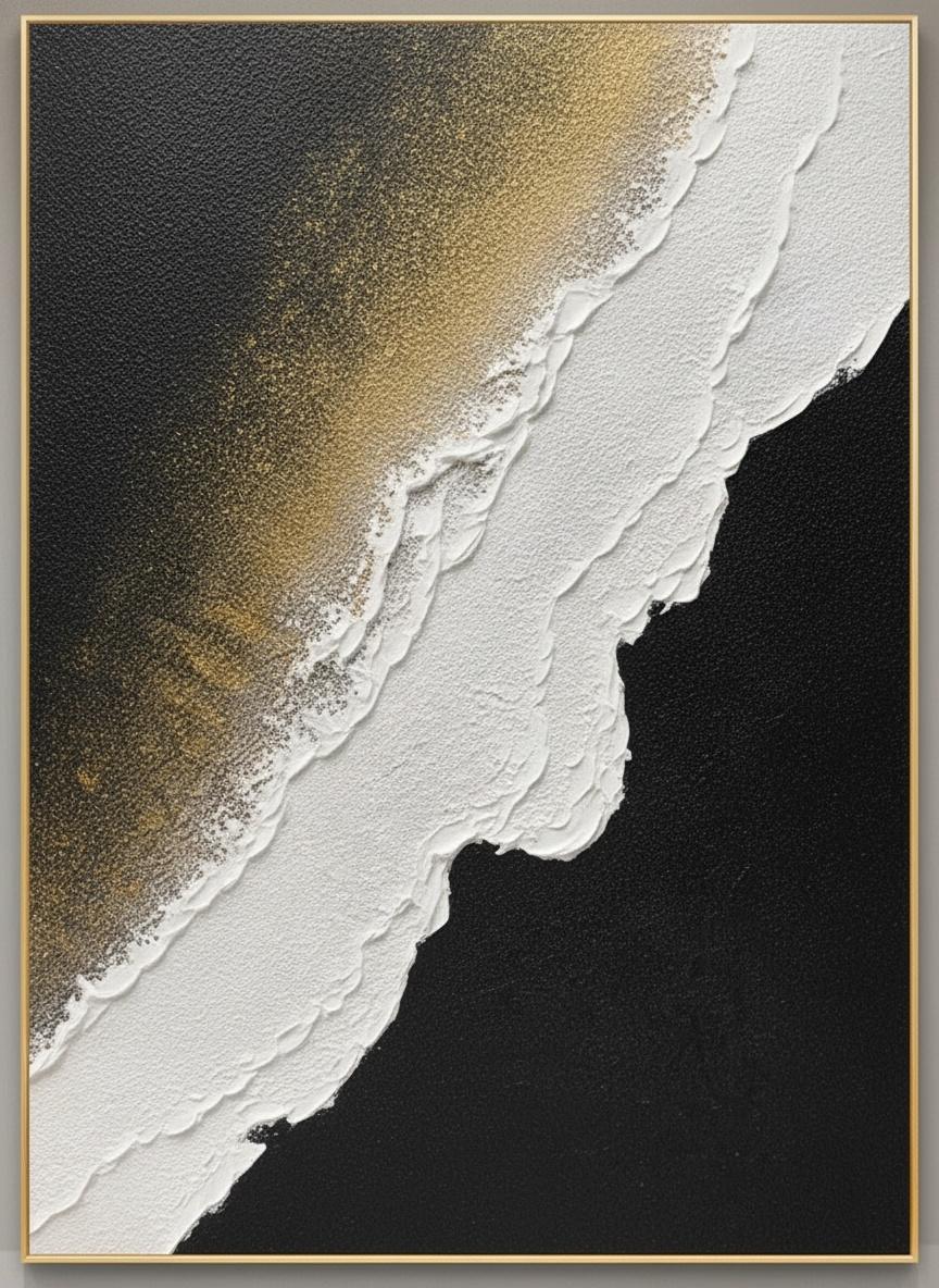 Fragmented Gilded Horizon: A Monumental Study In Obsidian And White Impasto — David Moreau