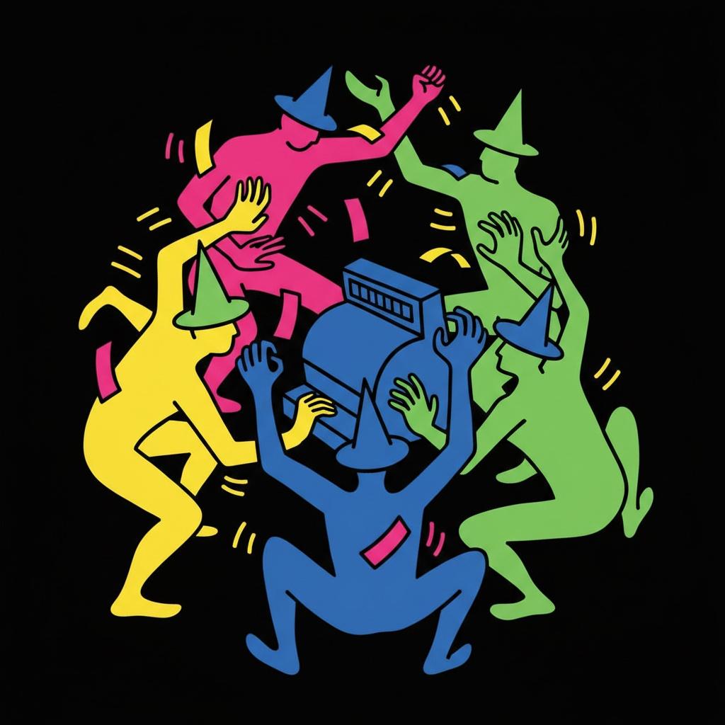 Chromatic Dance Of Five Silhouettes In A Radiant Celestial Orbit — Étienne Schmitt