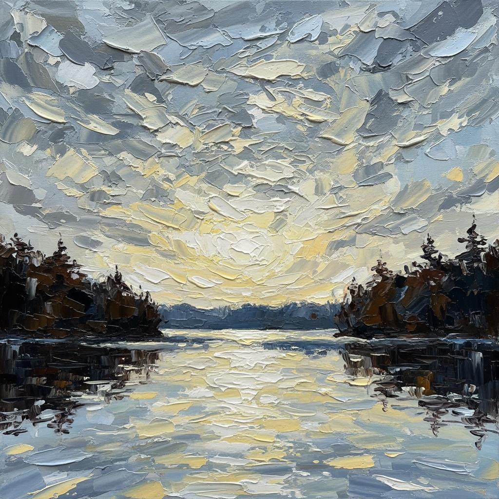 Ethereal Dawn Over Silent Waters In Sculptural Impasto Gold And Charcoal — Christian Noiret