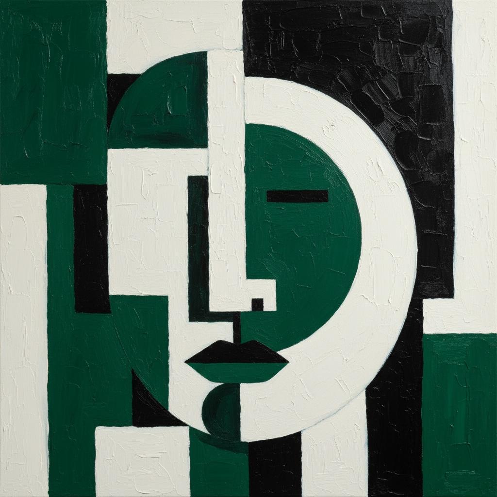 Monolithic Fragmented Portrait In Emerald And White: A Singular Geometric Masterpiece — Laurent Fabre
