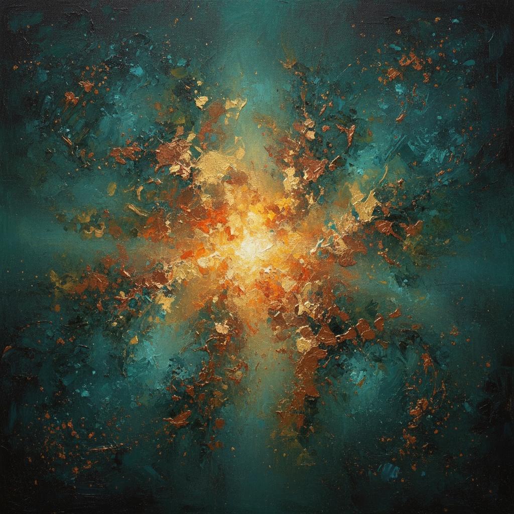 Celestial Radiance: A Singular Explosion Of Gold Amidst Nocturnal Teal Abstraction — Christian Noiret