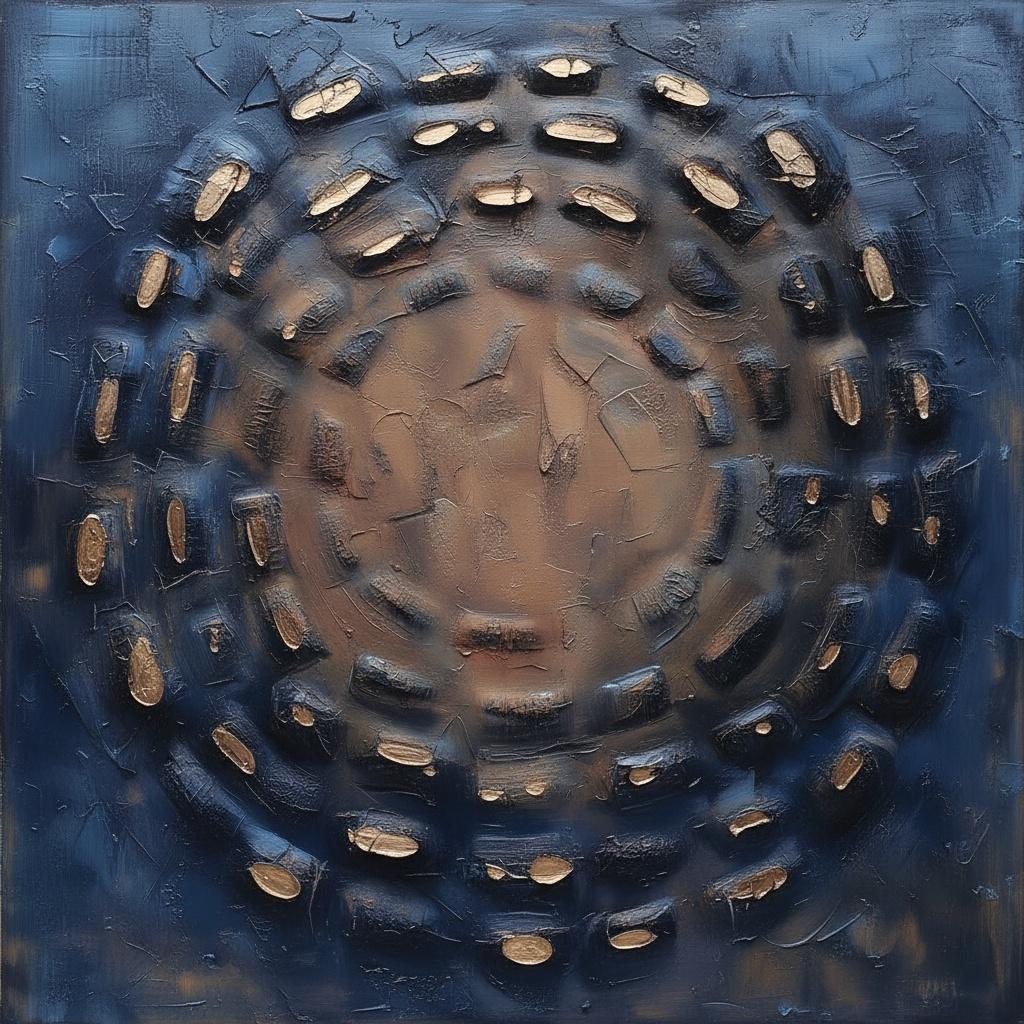 Celestial Vortex In Midnight Indigo With Gilded Impasto Fragments Of Eternal Motion — David Moreau