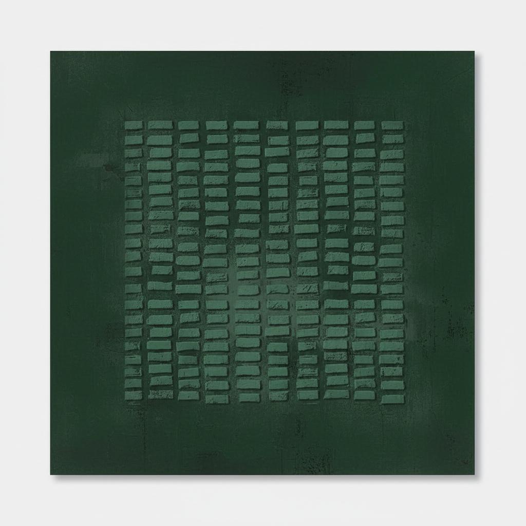 Monolithic Echoes In Forest Green: A Singular Study Of Weathered Geometric Serenity — Laurent Fabre