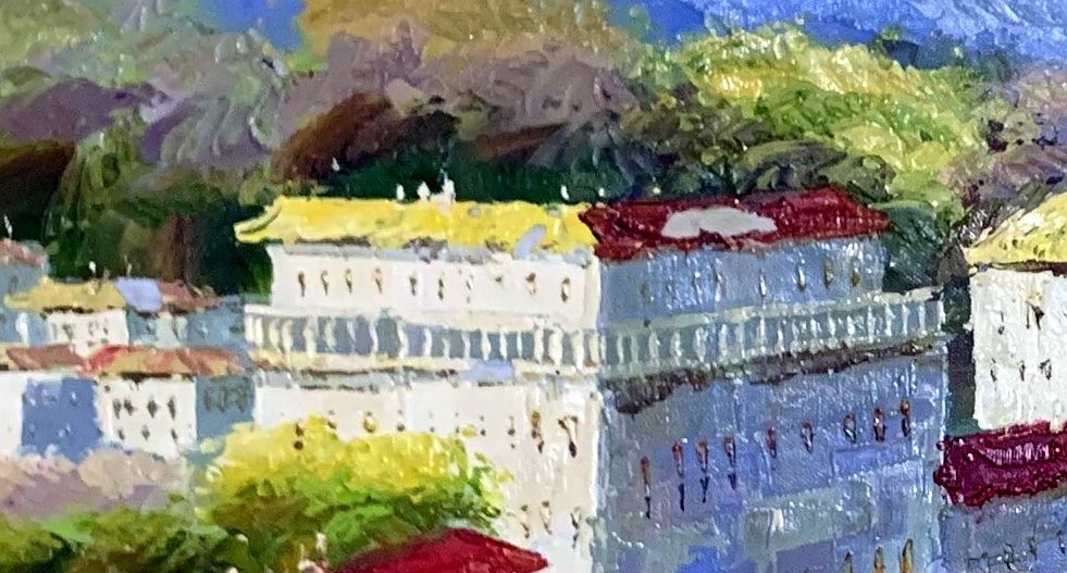 Impressionist Mediterranean Coastal Village Scene - detail