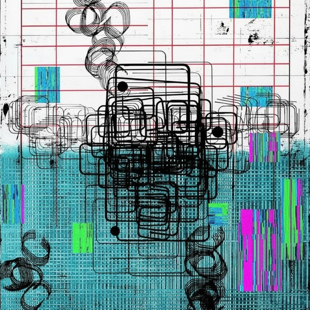 Fragmented Geometry In Teal And Crimson: A Singular Study Of Digital Chaos — Amélie Caron
