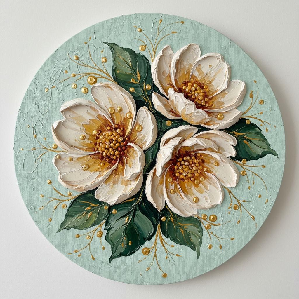Ethereal Magnolia Bloom In Sculptural Impasto With Radiant Gilded Tendrils And Mint Serenity — David Moreau
