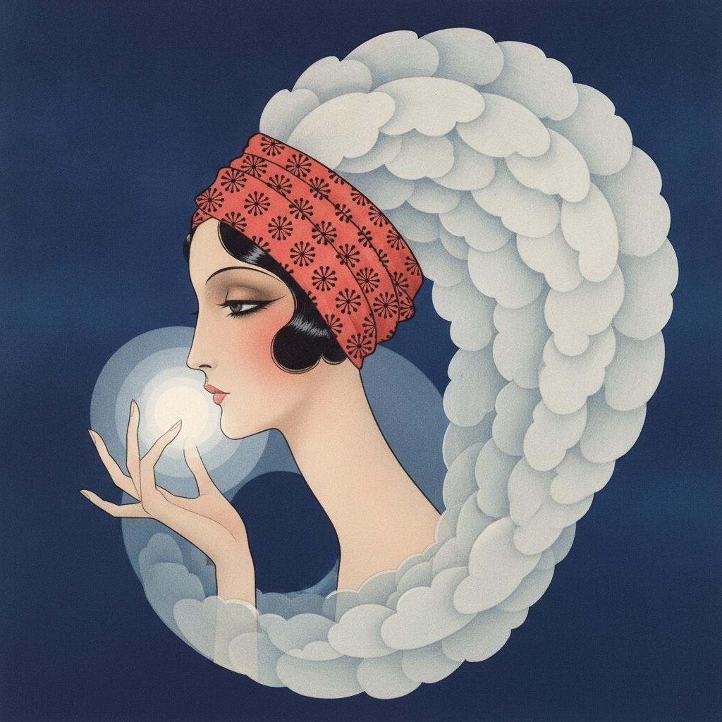 Coral Crowned Profile Amidst Navy Swirls And Luminous Orb — Valentin Laurent De Courcey