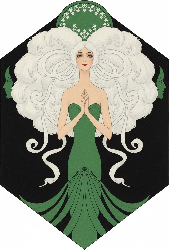 A Meditative Figure Encircled By Cascading White Tresses And Green Flora — Valentin Laurent De Courcey