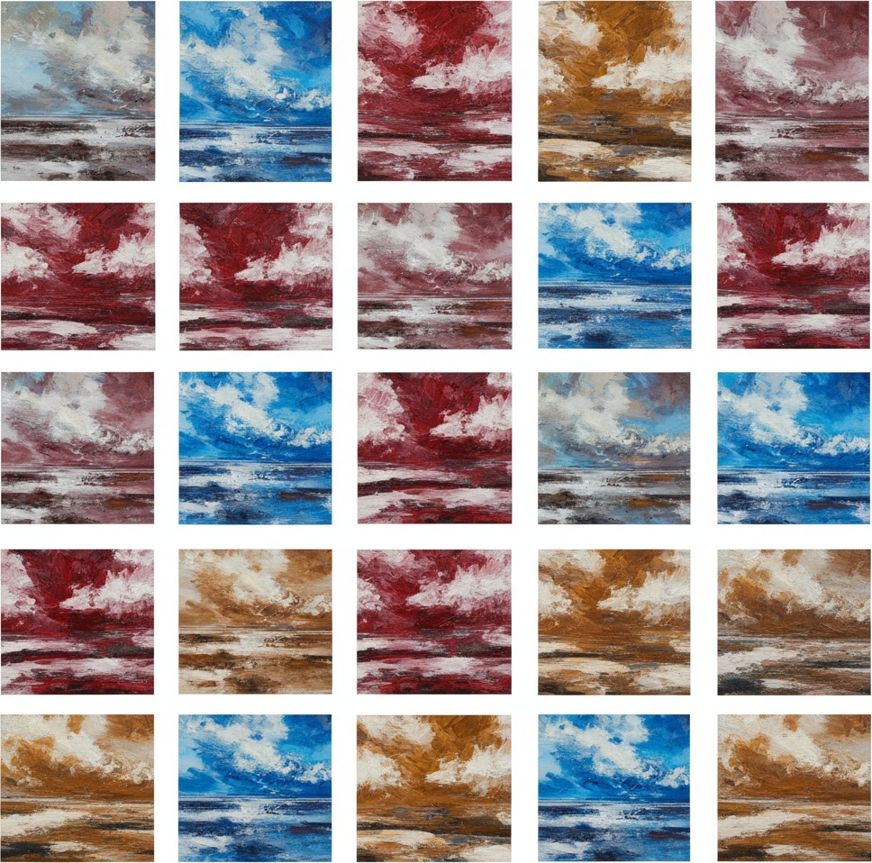 Fragmented Horizons: A Monumental Grid Of Turbulent Skies And Crimson Sea Tides — Julien Vasseur
