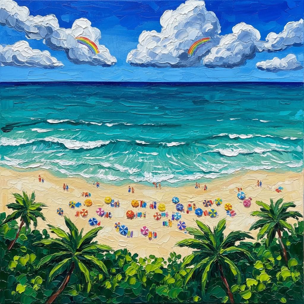Azure Serenity: An Impasto Symphony Of Tropical Shores And Radiant Summer Light — Laurent Delcourt
