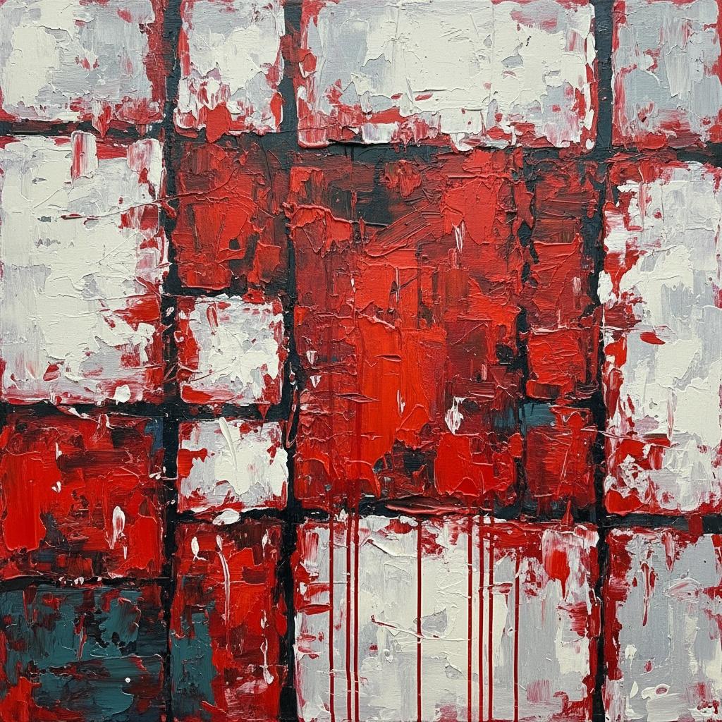 Fragmented Crimson Grid: A Monumental Study In Impasto Chaos And Structural Tension — Christian Noiret