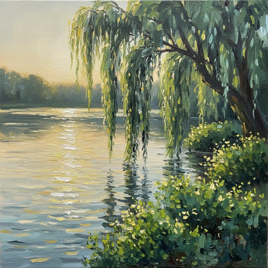 Golden Willow Reflections: A Meditative Study Of Light And Serene Waterscape — Christian Noiret
